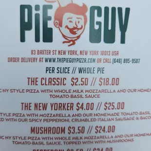 a menu for pie guy