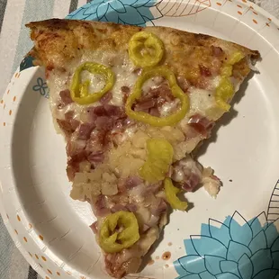 a slice of pizza on a paper plate