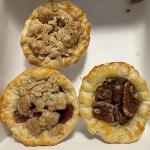 From the top left done to bottom right: pineapple crumble, Apple berry, and bourbon pecan.