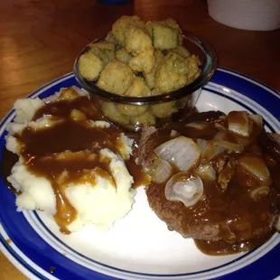 Hand patted hamburger steaks, homemade mashed potatoes, deep fried okra