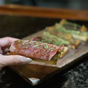 Ahi toast and marinated eggplant toast