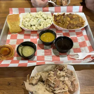 2 meat platter. Pulled chicken, cowboy beans, and macaroni salad.