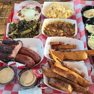 The other half of our spread.  Ribs, sausage, greens, chili, mac n cheese, meaty beans, tater wedges