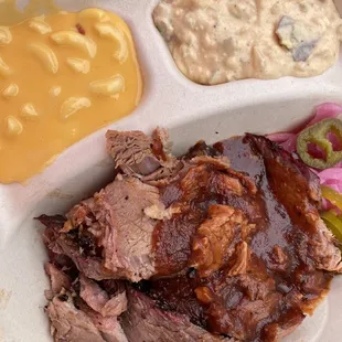 Brisket Plate with Potato Salad and Creamy Mac-N-Cheese