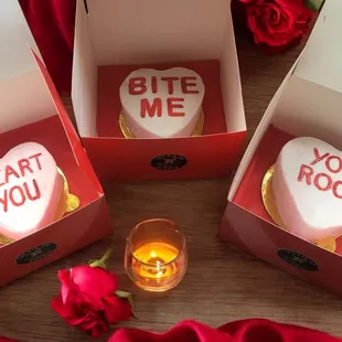 Conversation heart Cakes Valentines Day treats. Custom messages and colors