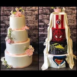 Bride vs Groom traditional vs superhero wedding cake