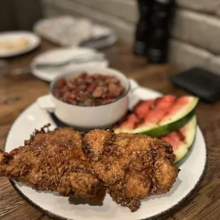 Fried chicken, red beans and rice, with grilled watermelon
