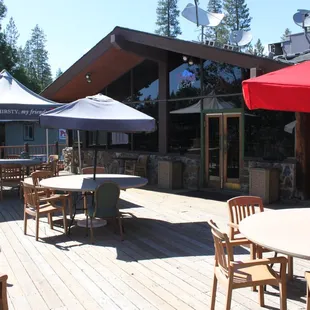 tables and umbrellas on the deck