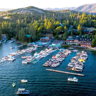 a view of a marina with boats
