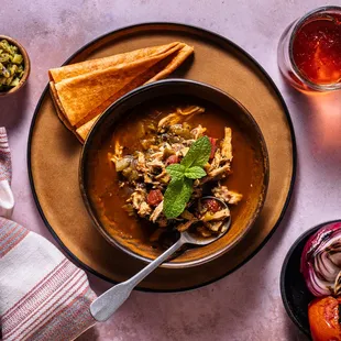 Gypsy Chicken Stew:
green chile, fired tomatoes, flour tortilla