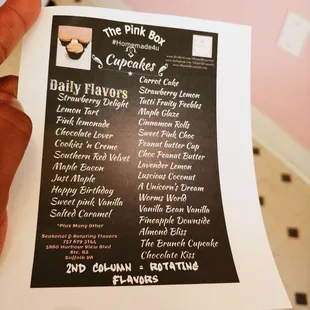 the menu for the pink box cupcakes