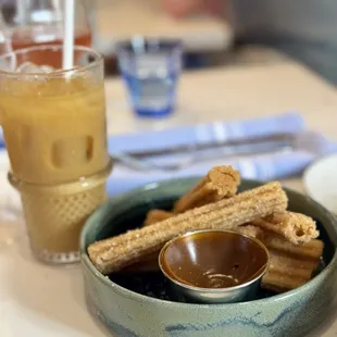 Churros and cold brew with horchata cream