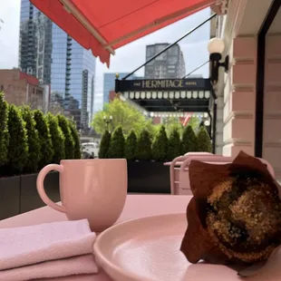 Cappuccino and green matcha vegan blueberry muffin! All surrounded by beautiful hints of pink.