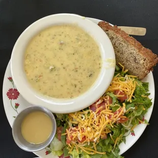 Broccoli and cheese soup and salad