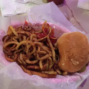 a hamburger and french fries