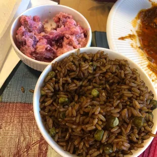 Rice &amp; peas and pink potato salad.