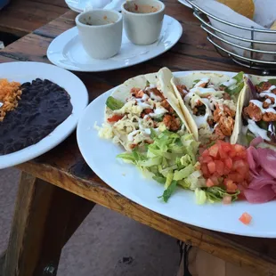 Fajita taco plate with rice and beans