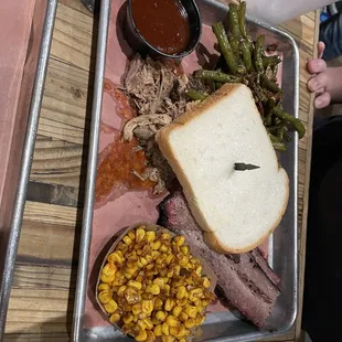 Two meat dinner with brisket and pulled pork.