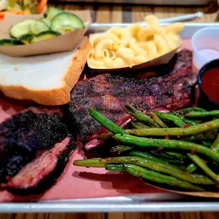 Brisket, pork ribs, Mac &amp; cheese, and charred green beans.