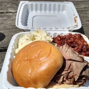 Pit beef combo with potato salad and baked beans.