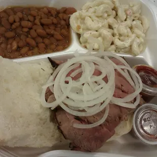 Pit Beef Sandwich with two sides (baked beans, macaroni salad).