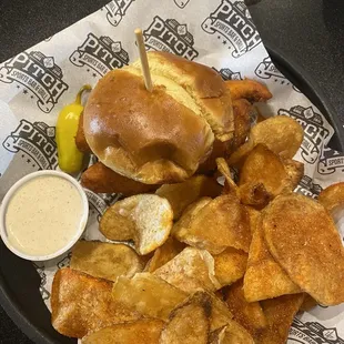Buffalo chicken sandwich with house fries