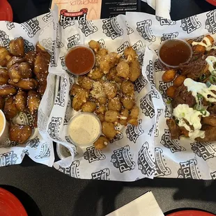 Pretzels, curds, and corn fritters