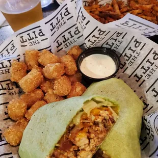 Blackened chicken wrap n tots