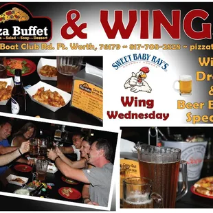 a collage of photos of pizzas and wings