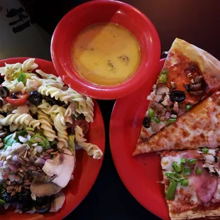 Salad bar, soup, and pizza