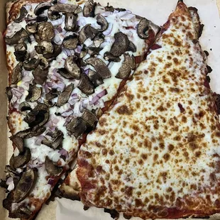 Slice of cheese and slice of mushrooms and onions