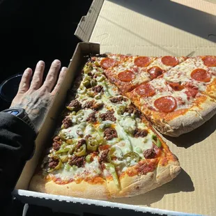 2 freakin huge slices! Pepperoni, chorizo, jalapeños, and bell pepper