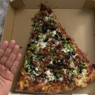 Slice with bacon,pepperoni, green peppers,black olives and mushrooms