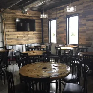 tables and chairs in a restaurant