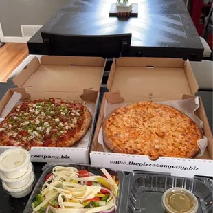 Buffalo Chicken Pizza, Supreme Pizza, Garden Salad