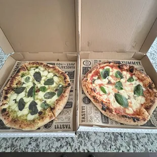 Favorite margarita pizza with basil, and the special pesto sauce pizza! Best of the best!
