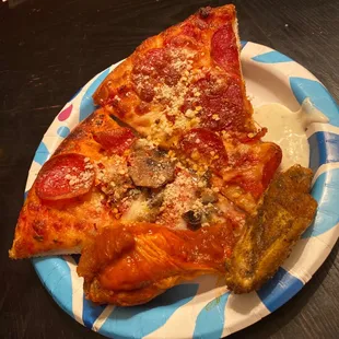 Classic Pepperoni Pizza and pepperoni and mushrooms with lemon pepper and hot wings