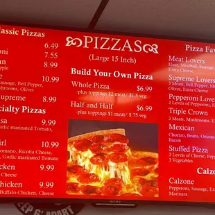 a menu for pizzas