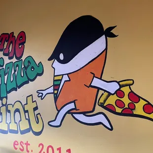 a cartoon character holding a slice of pizza