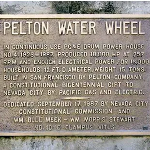 Pelton Water wheel plaque