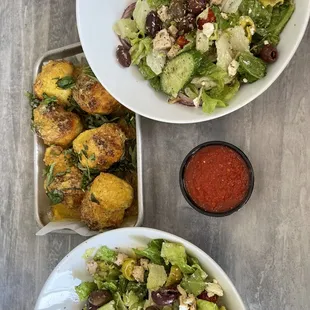 Garlic knots and delicious Greek salad.