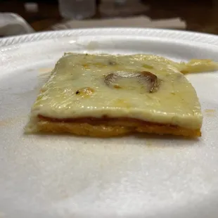 a slice of cheese pizza on a paper plate