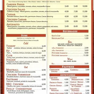 Fresh salad, appetizers, cold and hot subs