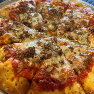 Hamburger pizza is the best here!