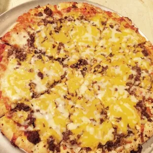 Large cheeseburger pizza. So fresh and yummy...