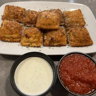 Fried ravioli with both poblano ranch and spicy marinara