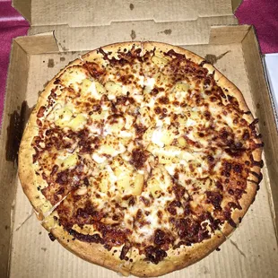 the large bbq chicken pizza (+ pineapple) is great! the bbq isn&apos;t overbearing and made just right! the chicken has great flavor. recommend
