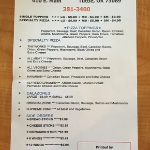 a menu for a pizza