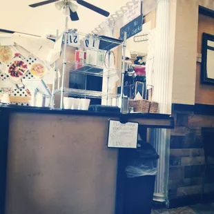 a counter with a fan