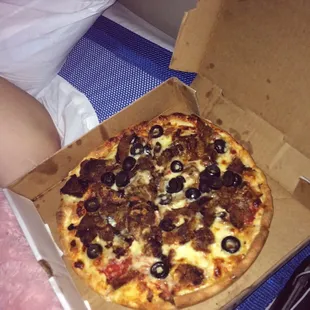 Small black olive, eggplant, sausage light sauce well done!   Mmmmmmmm!!!